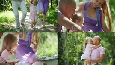 幸福的一家人父亲、母亲和女儿在绿色森林中沿着小路走